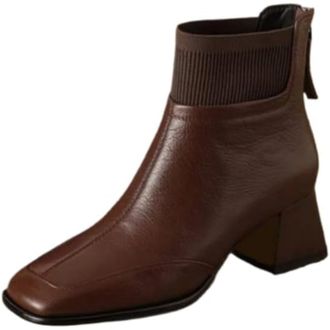 Generic Womens Chunky Low Heel Ankle Boots Elegant Square Toe Short Boots with Zipper for Women Dress Sock Booties (Brown,6.5)