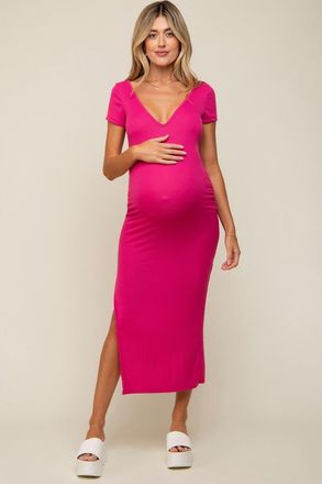 Pinkblush Basic Ribbed Side Slit Midi Dress in Fuschia at Nordstrom, Size Medium