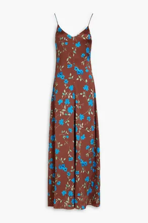 Ganni Floral-print stretch-silk satin maxi slip dress - Brown - DE 38
