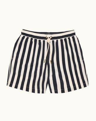 Orlebar Brown Boxer Mid-Length Relaxed Fit Bold Stripe Drawcord Swim Shorts in Night Iris/white Sand Stripe at Nordstrom, Size 28