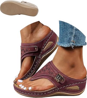 Generic 2026 Summer Womens Orthopedic Sandals Arch Support Wedge Slip On Beach Flip Flops, Vintage Wide Width Casual Boho Slippers, Dressy Comfort Sandals (Bu