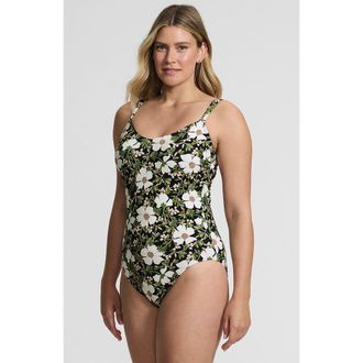 Lands End V-Neck High Leg Strappy Back One Piece in Floral Blossom/black/egret at Nordstrom, Size 14