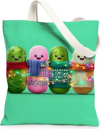Generic Cute Pickle Pattern Canvas Tote Bags, Fun Vegetable Design Reusable Grocery Bags, Holiday Lightweight Washable Shoulder Str, Green, 13x15 Inch