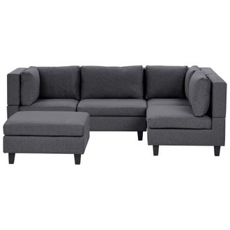 Beliani Sof&aacute; Modular Moderno 4 Plazas Tapizado Tela Patas Negras Respaldo Acolchado Izquierdo Gris Oscuro Con Otomana Unstad