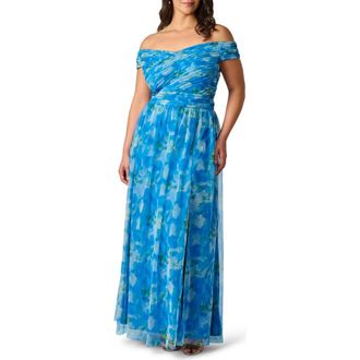 Adrianna Papell Sweetpea Off the Shoulder Tulle Gown in Blue Multi at Nordstrom, Size 14W