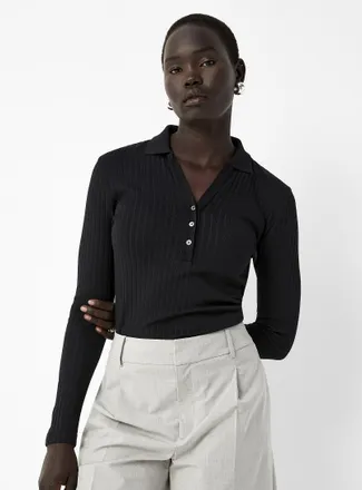 Contemporaine Womens Open-collar fitted ribbed Polo Shirt