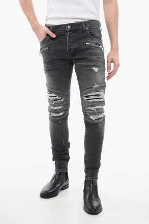 Balmain Jeans Multitasca in Denim Distressed con Inserti Biker in Pelle 14cm Balmain