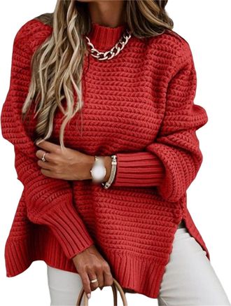 Generic Womens Oversized Chunky Knit Sweaters Long Sleeve Mock Neck, Side Slit Jumper,Comfy Loose Ribbed Knitted (Red,L)