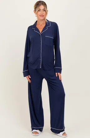 Pinkblush Button Down Top Wide Leg Pant Pajama Set in Blue at Nordstrom, Size Small