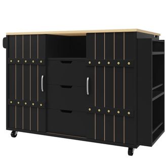 Urban Meuble Isla de cocina negra con tablero plegable, ruedas y puertas