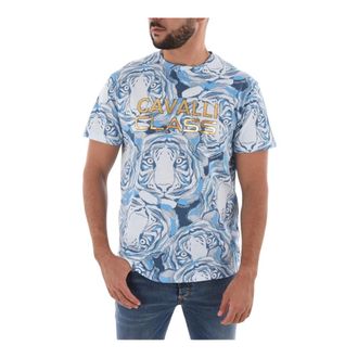 Cavalli Tops, Heren, Veelkleurig, M, Katoen, Bedrukt katoenen T-shirt