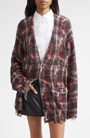 R13 Oversize Distressed Plaid Linen Blend Cardigan in Black/Red/White Plaid at Nordstrom, Size Xx-Small