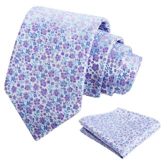 Alizeal Mens Floral Patterned Wedding Party Tie with Pocket Square 8cm Colorful Classic Business Tie Set, Blue+Lavender-A
