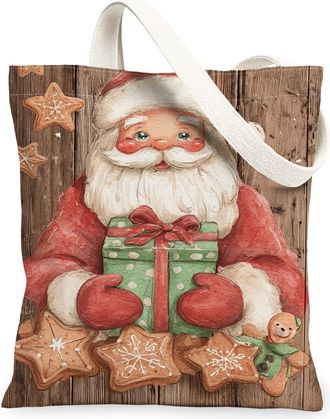 Generic Christmas Santa Canvas Tote Bags, Festive Holiday Pattern Reusable Grocery Bags, Winter Linen Lightweight Washable Shoulder Strap 13x15 Inch