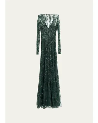 Naeem Khan Long-Sleeve Beaded Tulle A-Line Gown