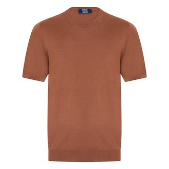Fedeli Round-neck Knitwear, male, Brown, Size: L Brown sweater with short sleeves, versatile and comfortable