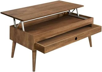 HOGAR 24 Hogar24 - Mesa Centro Elevable Cajon Deslizante Madera Maciza Color Encerado, Pata Conica