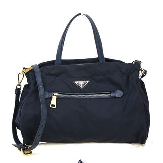 Prada Zip Convertible Shopping Tote Tessuto With Saffiano Leather Navy Nylon Handbag (Pre-Owned)