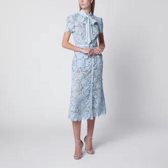 Self Portrait Abito midi in pizzo con fiocco al collo blu