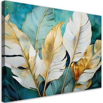 Artgeist Quadro su tela, Foglie di banano dorate bianche Turchese - 90x60