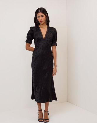 Nobody's Child Black Polka Dot Jacquard Angela Midi Dress