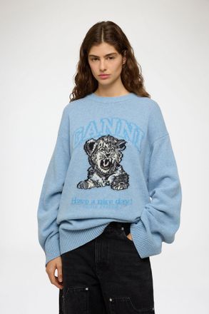 Ganni Blue Oversized Jumper with Tiger