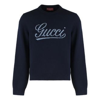 Gucci Knit wool Jumper with intarsia - male - Gucci - Round-neck Knitwear - Blue - S - Knitwear