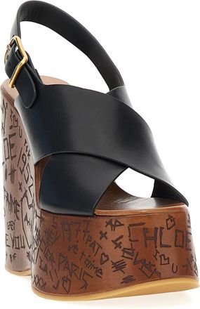 Chlo&eacute; Womens Black Calfskin Wedge Sandals