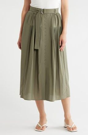 Adrianna Papell Belted Button Front Pleated Midi Skirt in Olive Tree at Nordstrom Rack, Size X-Small