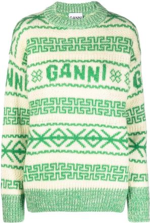 Ganni organic wool intarsia-knit jumper - women - Organic Wool - L - Green