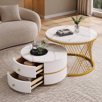 STILVORA Nesting Coffee Table Set with 2 Drawers in White & Gold