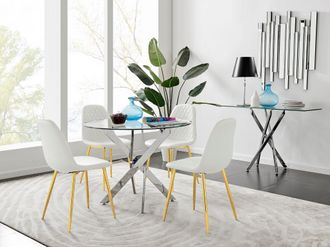 Furniturebox Novara Chrome Metal 100cm Round Glass Dining Table & 4 Corona Gold Dining Chairs in White