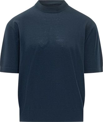 Laneus Geribbelde Top met Hoge Hals en Korte Mouwen - Heren - Ronde hals truien - Blauw - M - Truien & Vesten