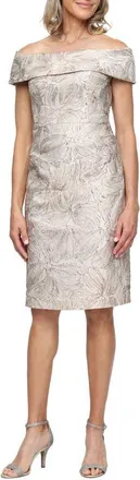 Alex Evenings Floral Jacquard Off the Shoulder Cocktail Dress in Taupe at Nordstrom, Size 14