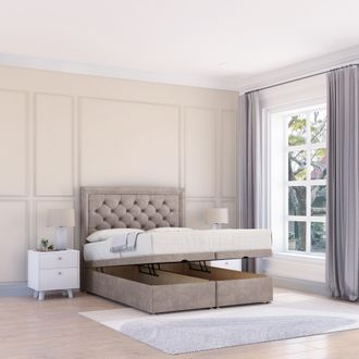 Sloomy Montana Plush Fabric Ottoman Bed End Opening With Sprung Memory Mattress & 26 Inch strut Headboard in Stone | Size: Small Double
