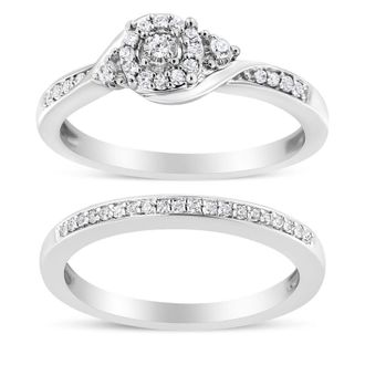 House of Brilliance 925 Sterling Silver 1/4 Cttw Diamond Halo and Swirl Engagement Ring and Wedding Band Set (I-J, I3)