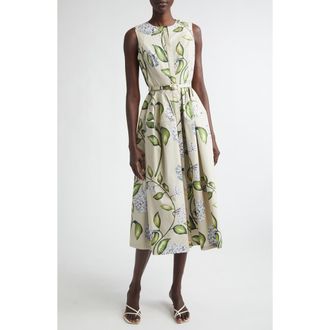 Oscar De La Renta Porcelain Flowers Belted Stretch Cotton Poplin Shirtdress in Denim/Oatmeal at Nordstrom, Size 10