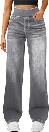 Generic Pull on Wide Leg Jeans for Women UK, High Waisted Stretchy Baggy Trendy Baggy Jeans Women Tummy Control Straight Leg Jeans Denim Pants with Pockets