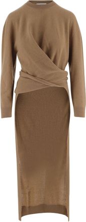 Darkpark Light Brown Draped Wool Cashmere-Blend Midi Dress