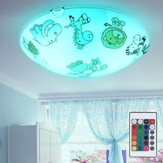 Globo Lighting Lampada led per bambini dimmerabile con telecomando lampada da soffitto in vetro per cameretta dei bambini rotonda, vetro colorato con motivi di