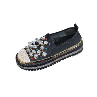 Generic Slip On Shoes Women Wide Width Flat Shoes Mesh Rhinestone Stylish Breathable Thick Sole Comfortable Casual Walking Shoe Leisure Outdoor Black