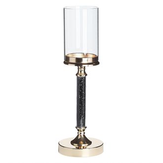 Beliani Portavelas De Metal Dorado Negro Pantalla De Cristal 41 Cm Centro De Mesa Decoraci&oacute;n Glamour Abbeville