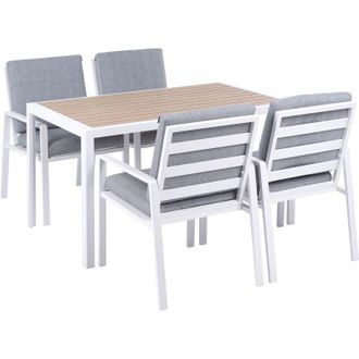 Beliani Set da pranzo da giardino 4 pezzi Tavolo e sedie Struttura in alluminio Piano a doghe con cuscini Bianco e grigio Visso