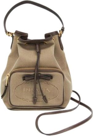 Prada Pre-owned Logo jacquard tas met trekkoord - Dames - Vintage Tas - Beige - ONE Size - Leer - Vintage