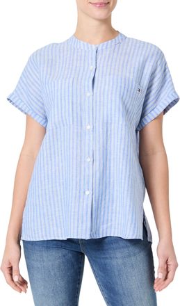 Tommy Hilfiger Womens Short Sleeve Collarless Linen Blouse, Blue (Multiple STP/Blue Spell), 16