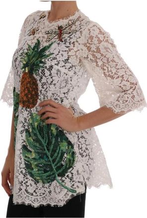 Dolce & Gabbana Ananas Kant Versierde Mini Blouse - Dames - Tunieken - Wit - 2XS - Pailletten - Overhemden
