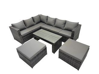 Fimous 5 Pieces Garden Furniture Corner Sofa Set & 2 Big Footstools in Dark Grey