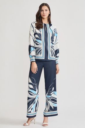 Ming Wang Floral Abstract Crepe de Chine Blouse in Indigo/white/serene at Nordstrom, Size Xx-Small