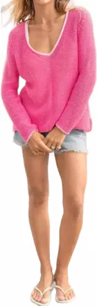 Wooden Ships Dream Maui Tipped V-Neck Top In Peony Pink