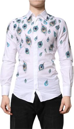 Dolce & Gabbana Witte Katoenen Veerprint Overhemd - Heren - Casual Overhemden - Wit - S - Katoen - Overhemden